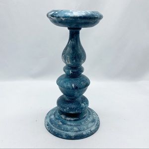 Vintage Boho Handpainted Blue Wood Candlestick Holder